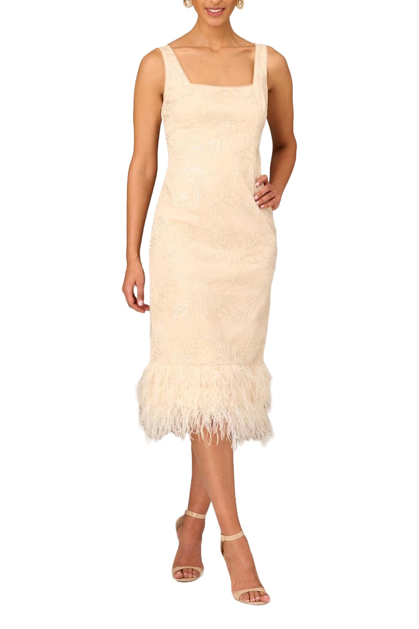 Cocktail Dresses Fitted Short Feather Cocktail Midi Dress Champagne