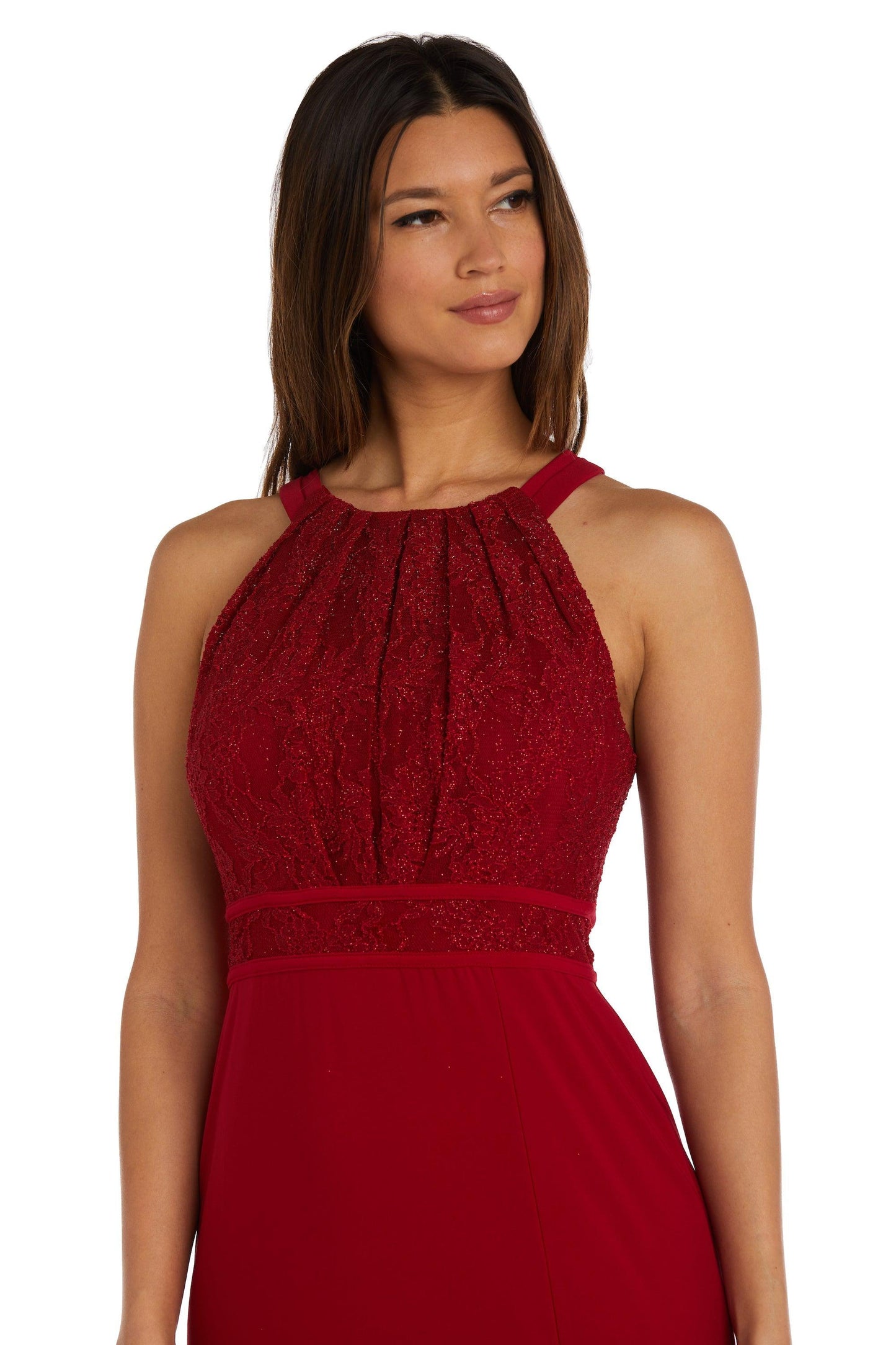 Nightway Long Halter Pleated Lace Formal Gown 21799 - The Dress Outlet