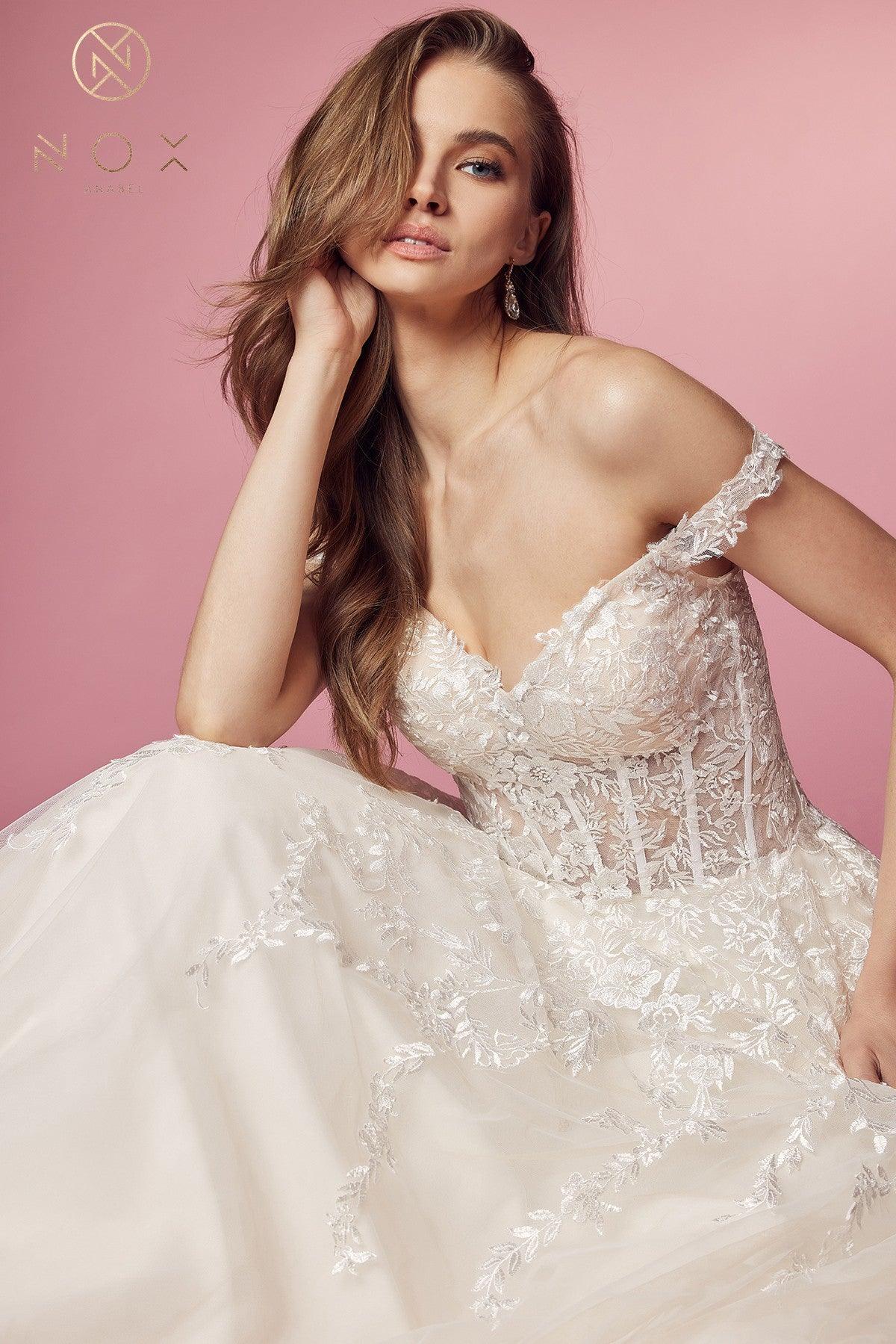 Off Shoulder A-Line Long Wedding Gown - The Dress Outlet
