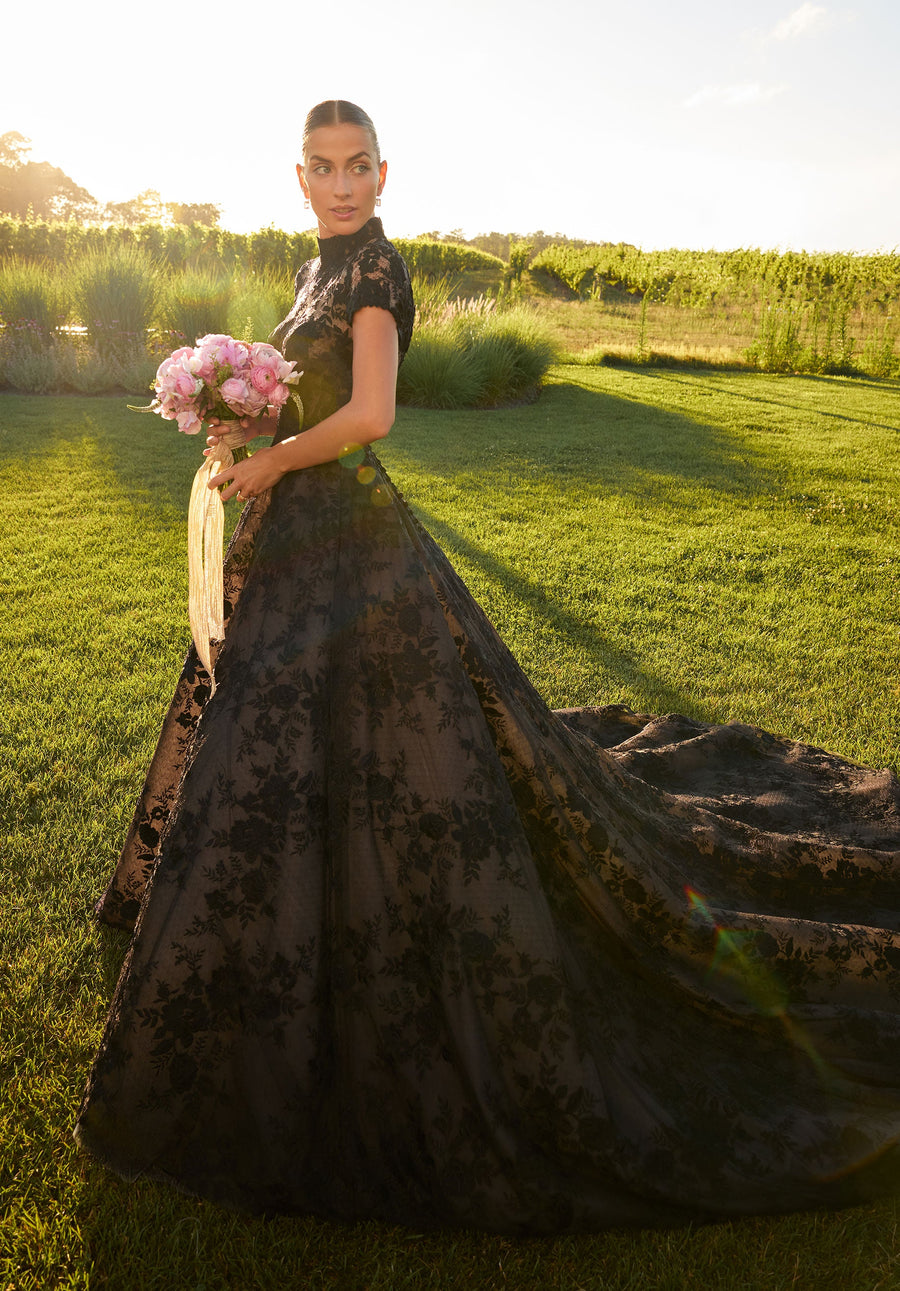 Wedding Dresses A Line Long Floral Lace Wedding Dress Black/Honey