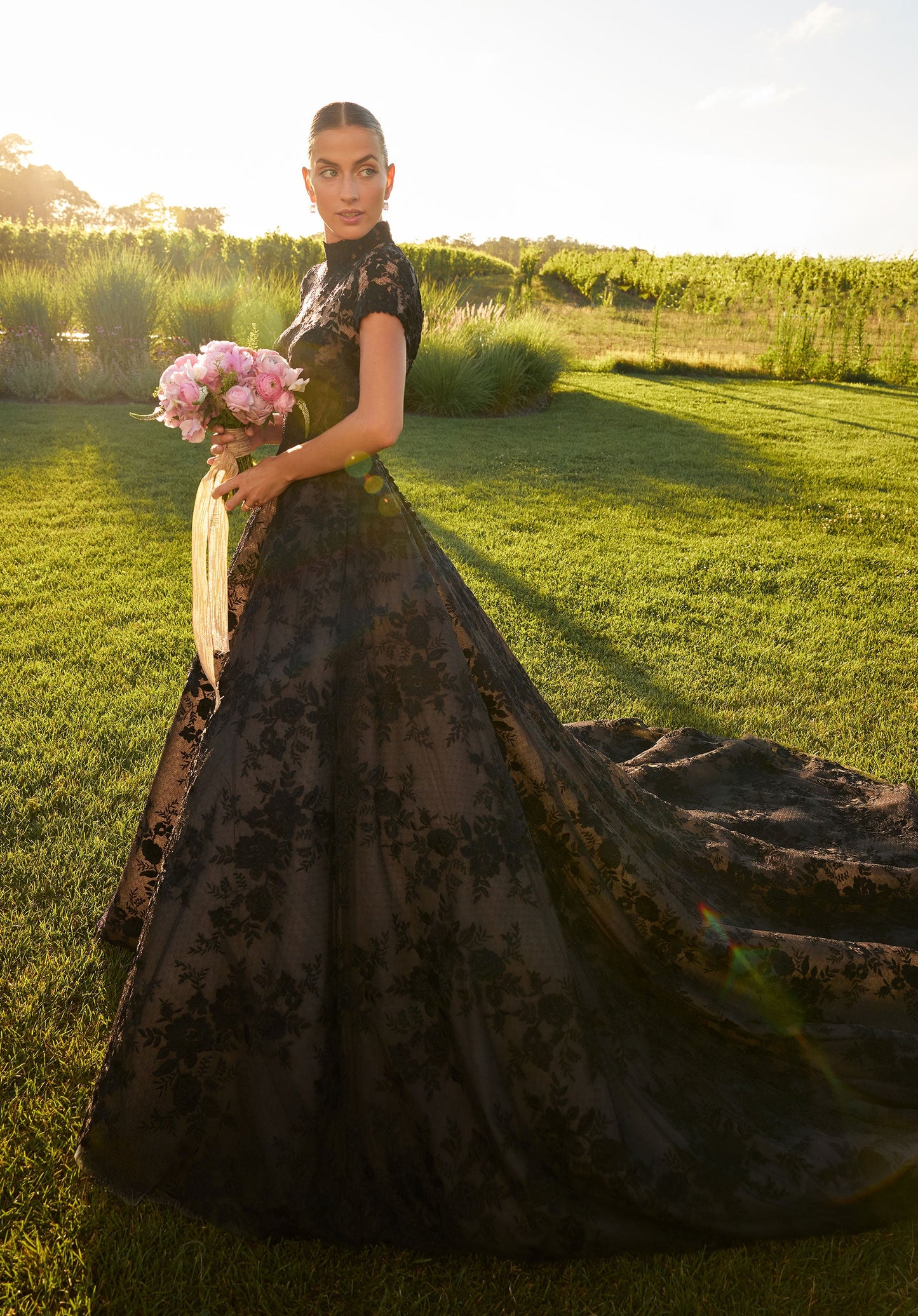 Wedding Dresses A Line Long Floral Lace Wedding Dress Black/Honey