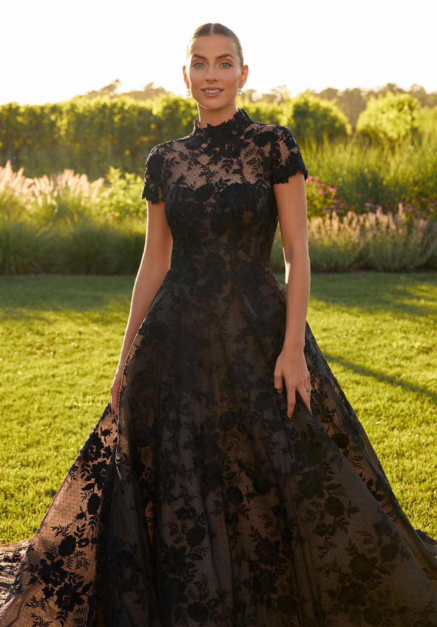 Wedding Dresses A Line Long Floral Lace Wedding Dress Black/Honey