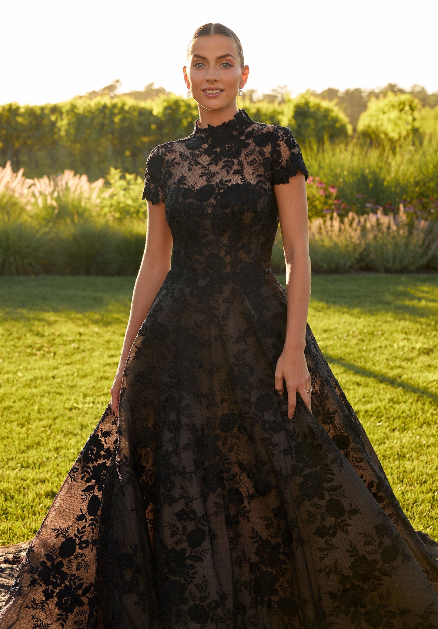 Wedding Dresses A Line Long Floral Lace Wedding Dress Black/Honey