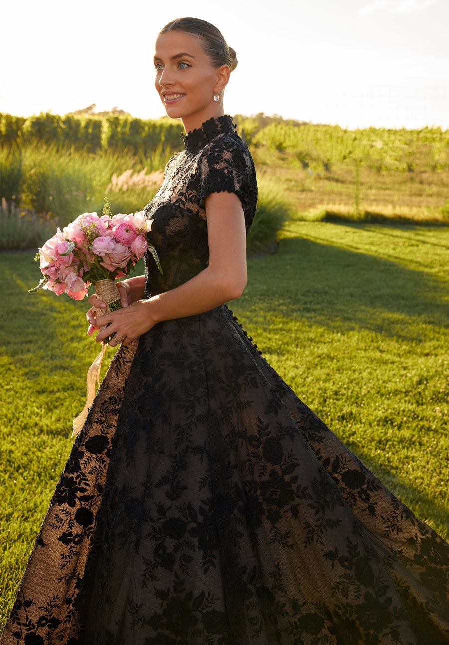Wedding Dresses A Line Long Floral Lace Wedding Dress Black/Honey