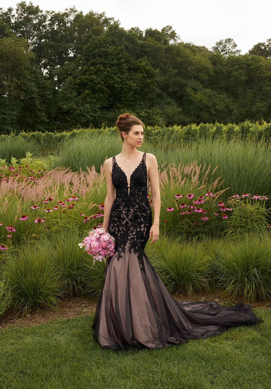 Wedding Dresses Beaded Lace Long Mermaid Wedding Dress Black/Blush