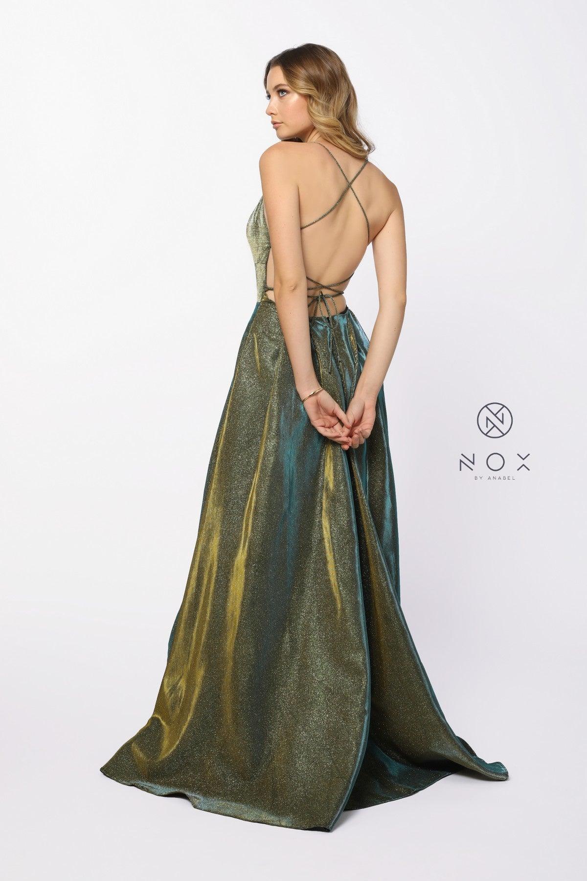 Prom Long Formal Spaghetti Strap Metallic Dress - The Dress Outlet