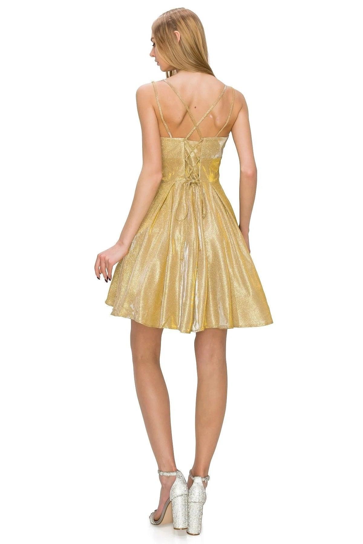 Prom Short Spaghetti Strap Metallic Glitter Dress - The Dress Outlet