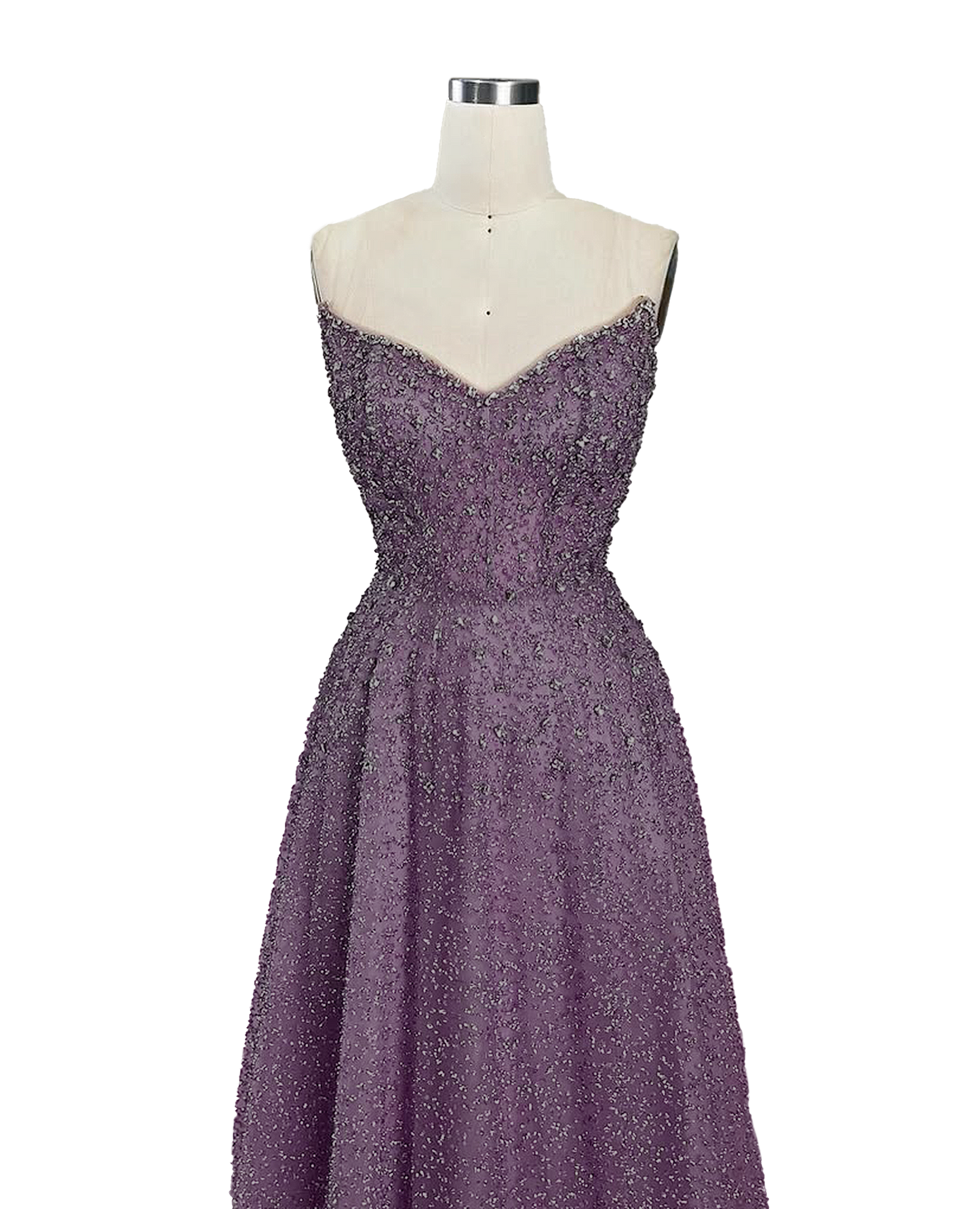 A stunning long strapless formal couture dress adorned with intricate hand-beaded details, showcasing elegance and sophistication.