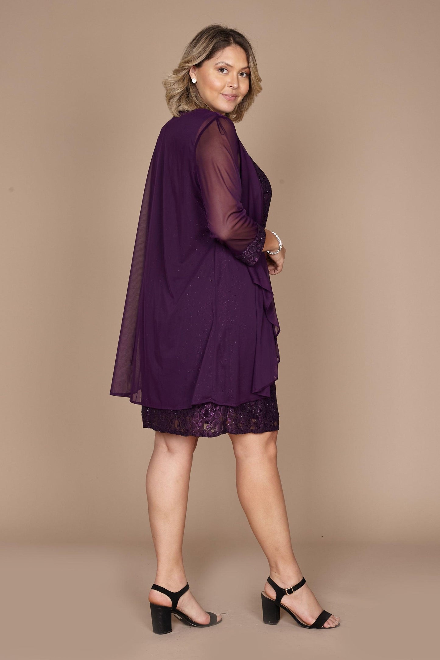R&M Richards  Short Lace Mother of the Bride Dress Plum