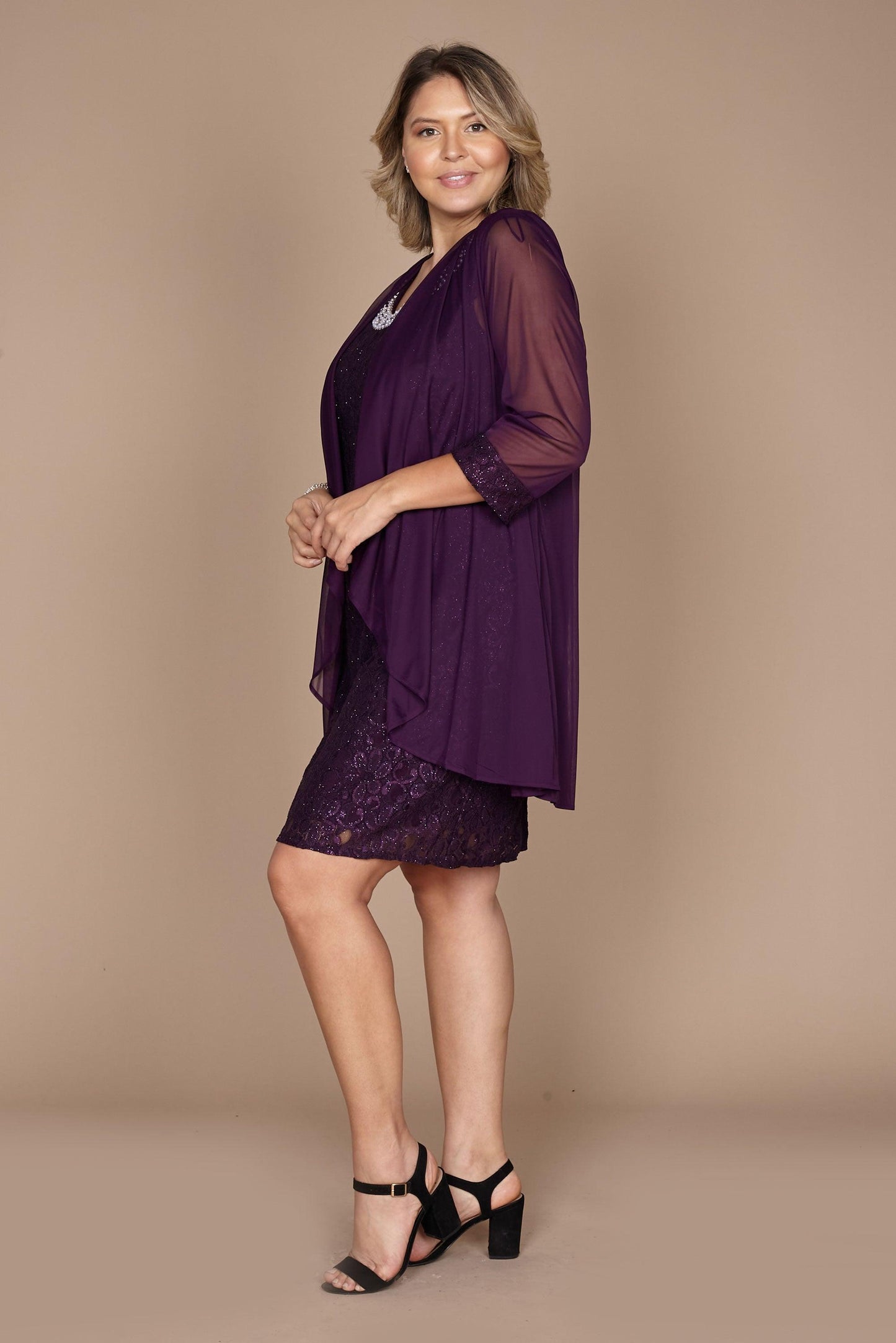 R&M Richards  Short Lace Mother of the Bride Dress Plum