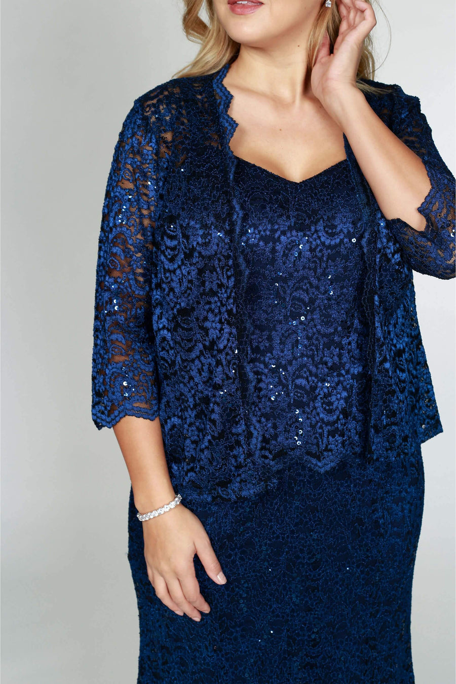 R&M Richards Long Plus Size Formal Lace Dress Navy - The Dress Outlet R&M Richards