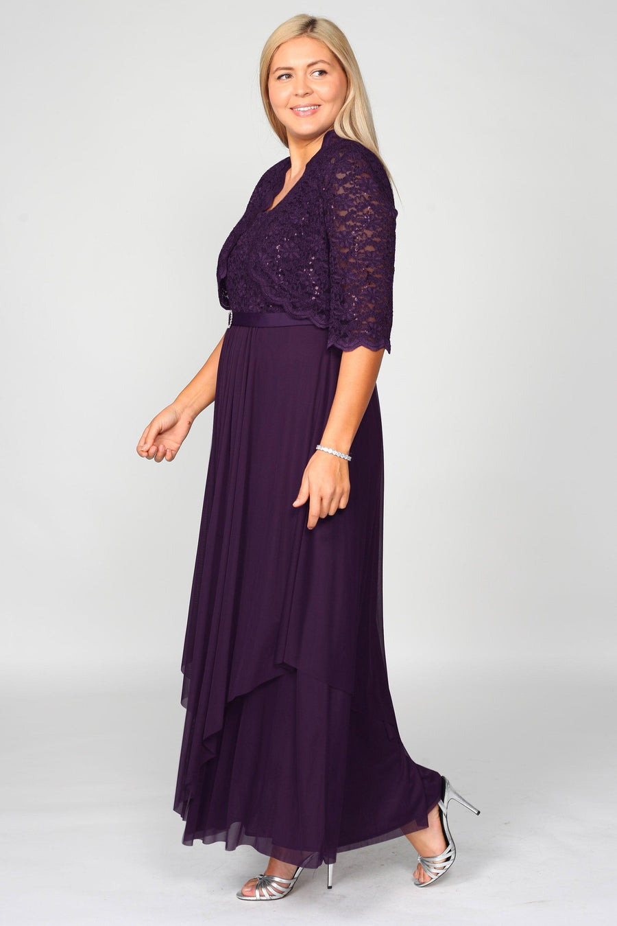 R&M Richards Long Mother of Bride Plus Size Jacket Dress Eggplant