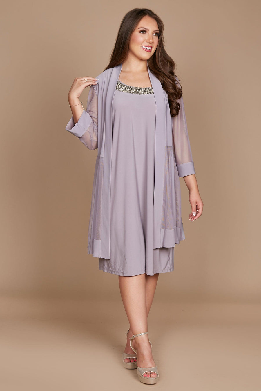 Mother of the Bride Dresses Short Beaded Petite Jacket Dress Granite