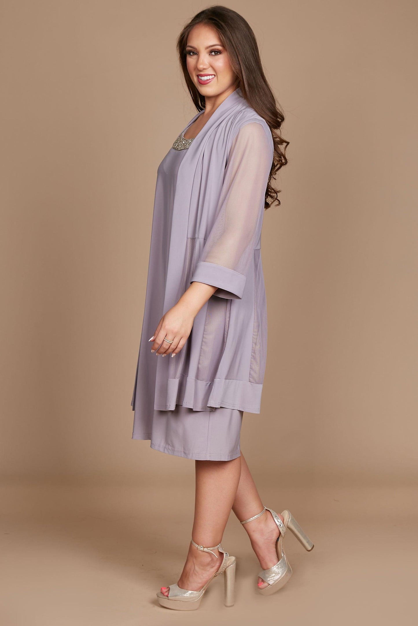 Mother of the Bride Dresses Short Beaded Petite Jacket Dress Granite