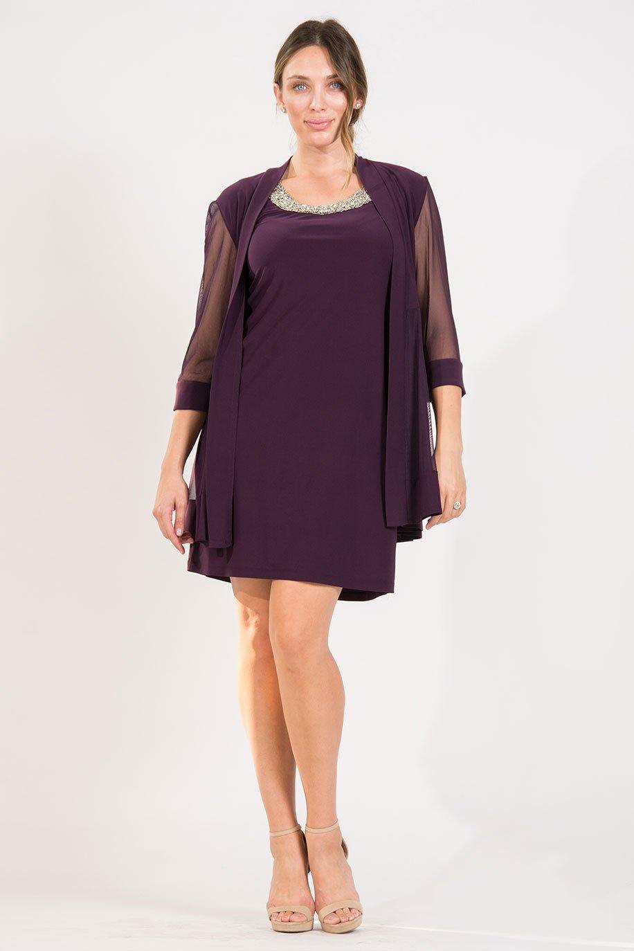 Mother of the Bride Dresses Short Beaded Petite Jacket Dress Plum