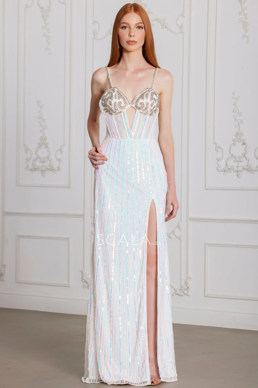 Prom Dresses Long Sequin Formal Beaded Slit Prom Dress White