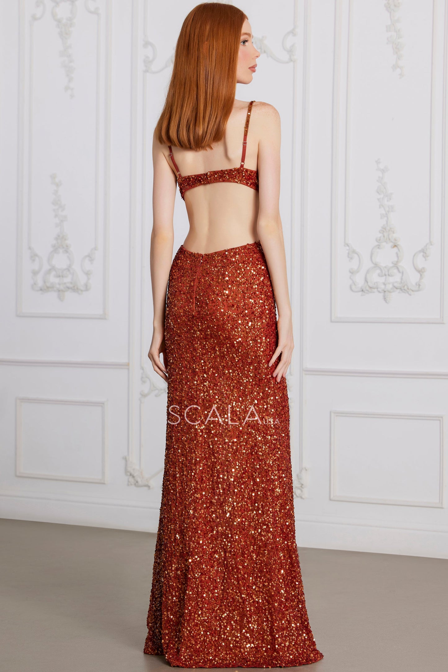Prom Dresses Formal Long Fitted Slit Sequined Prom Dress Rust
