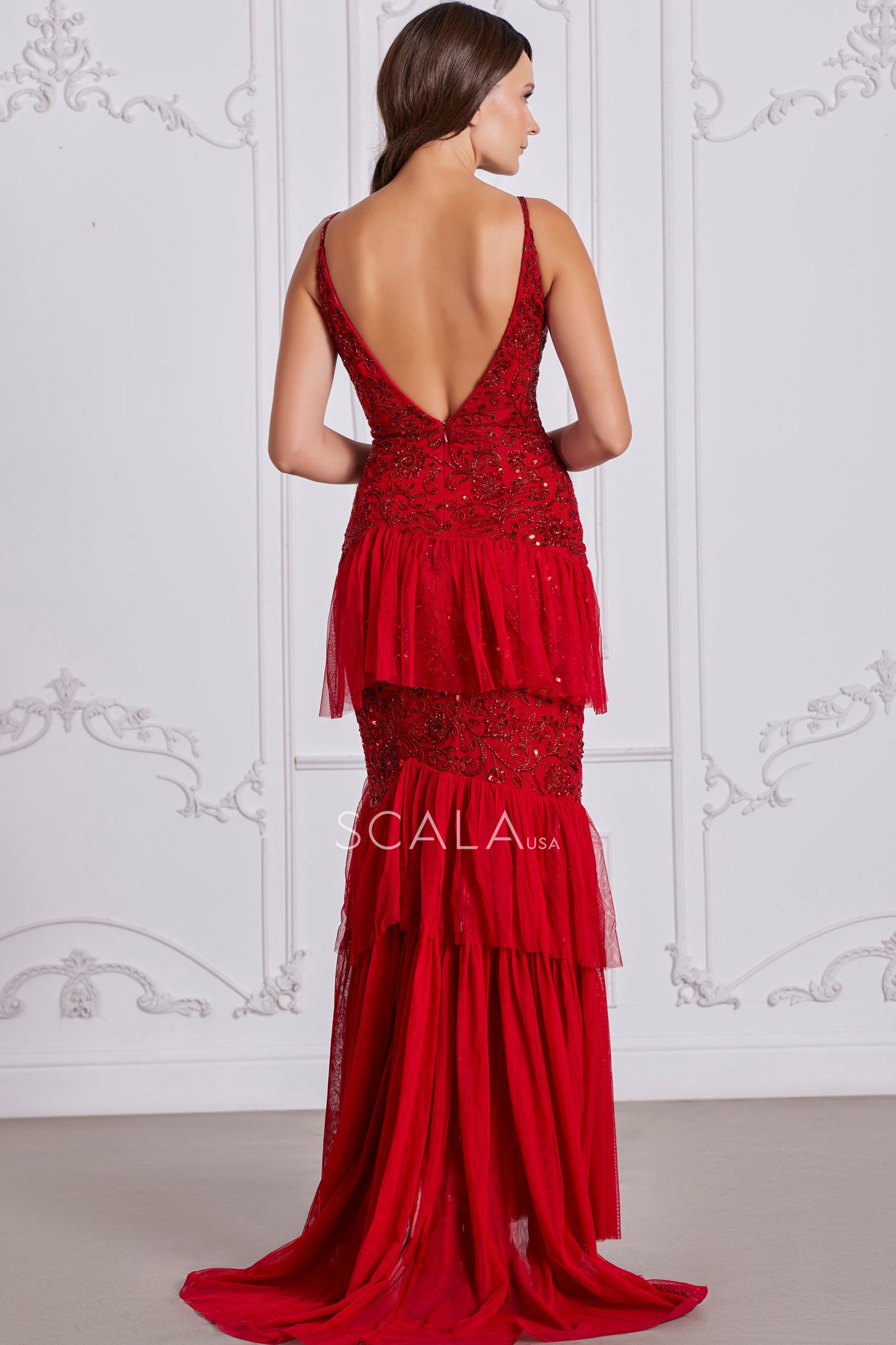 Prom Dresses Prom Long Beaded Lace Applique Ruffle Formal Dress Red