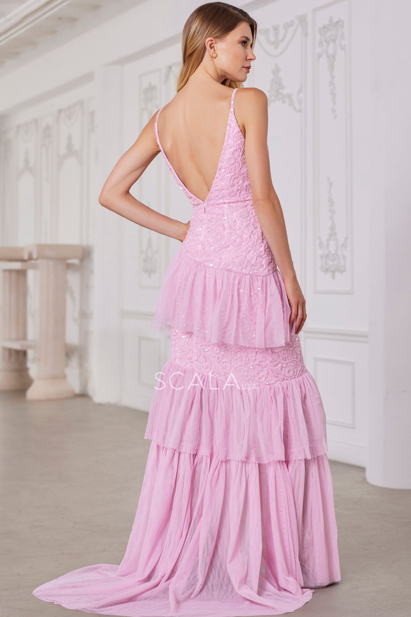 Prom Dresses Prom Long Beaded Lace Applique Ruffle Formal Dress Soft Pink