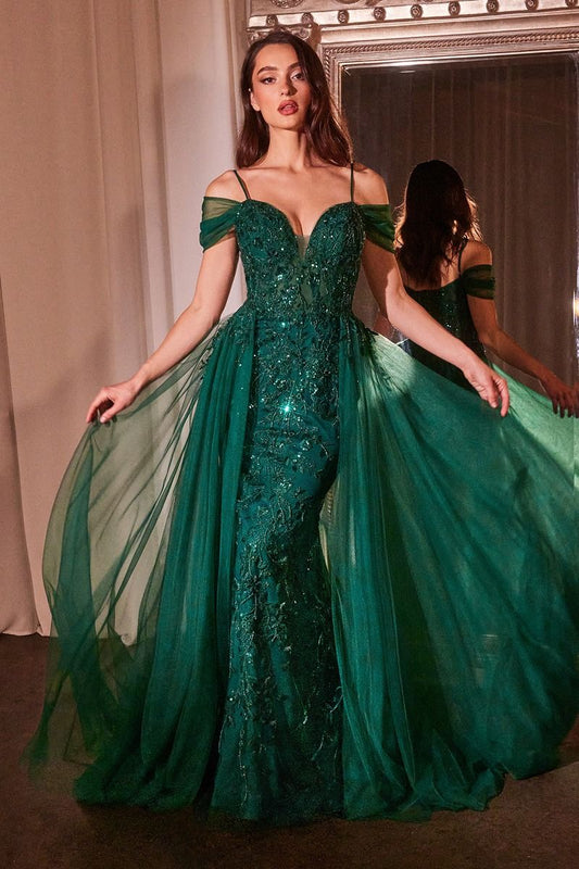 Prom Dresses Fitted Long Formal Sequin Overskirt Prom Gown Emerald