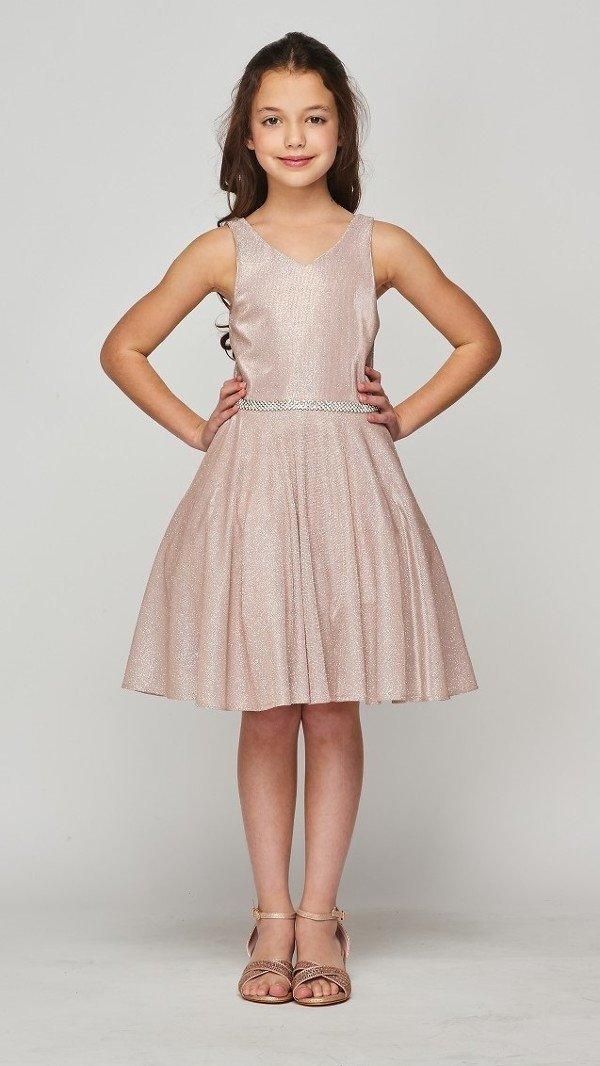Short Flower Girl Sleeveless Metallic Glitter Dress - The Dress Outlet