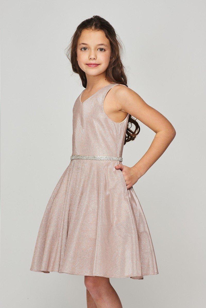 Short Flower Girl Sleeveless Metallic Glitter Dress - The Dress Outlet
