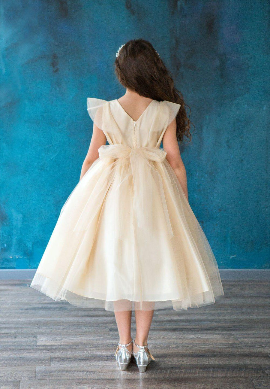 Short Ruffle Sleeves Beaded Flower Girl Dress - The Dress Outlet