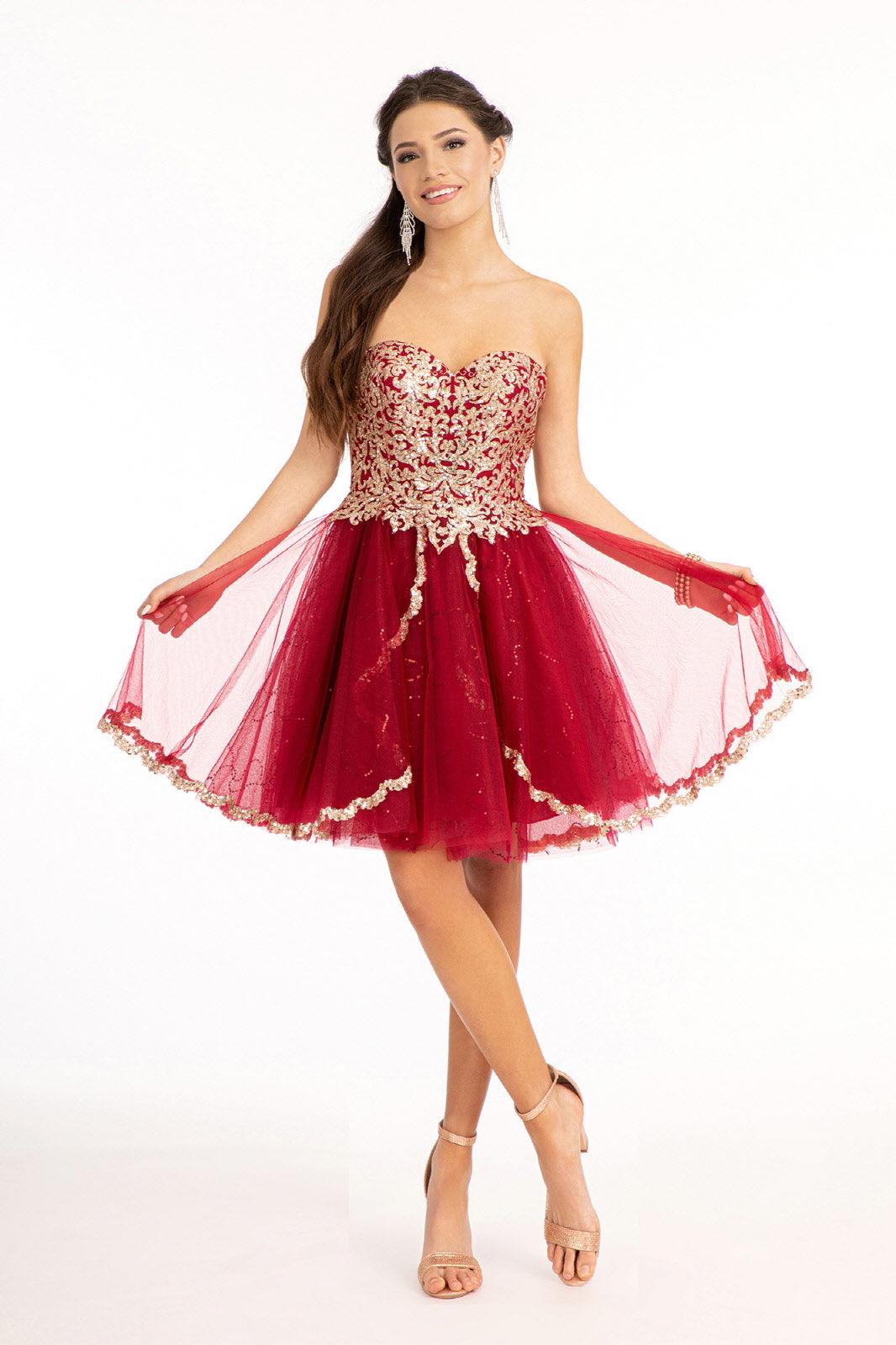 Short Strapless Homecoming Glitter Mesh Prom Dress - The Dress Outlet