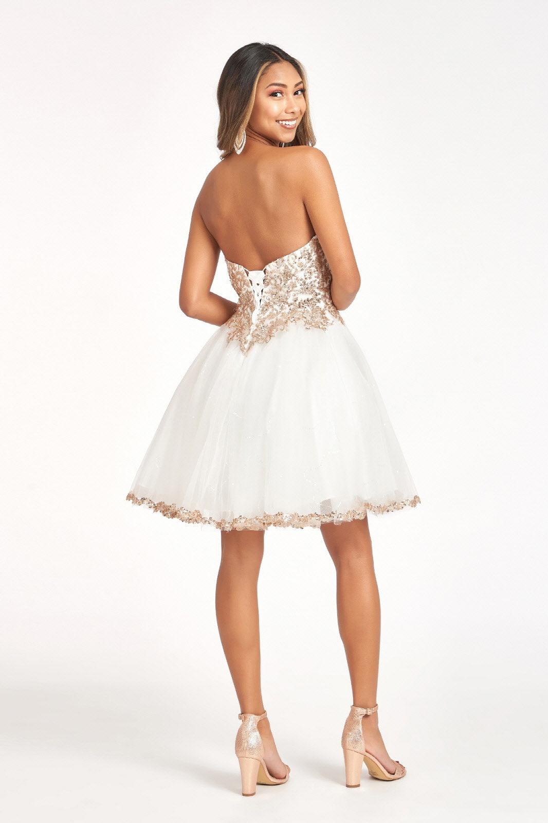 Short Strapless Homecoming Glitter Mesh Prom Dress - The Dress Outlet