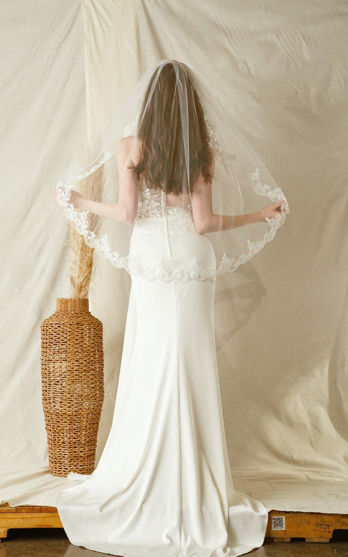 Short Waist Length Embroidered Wedding Veil - The Dress Outlet
