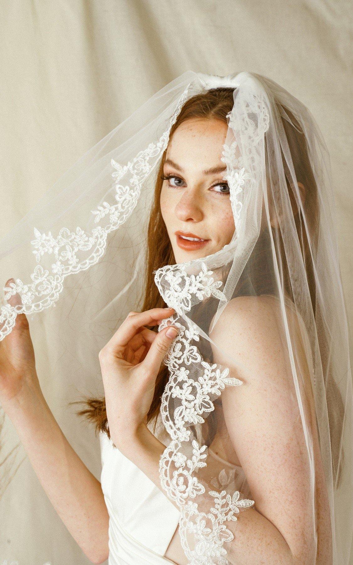 Short Waist Length Embroidered Wedding Veil - The Dress Outlet