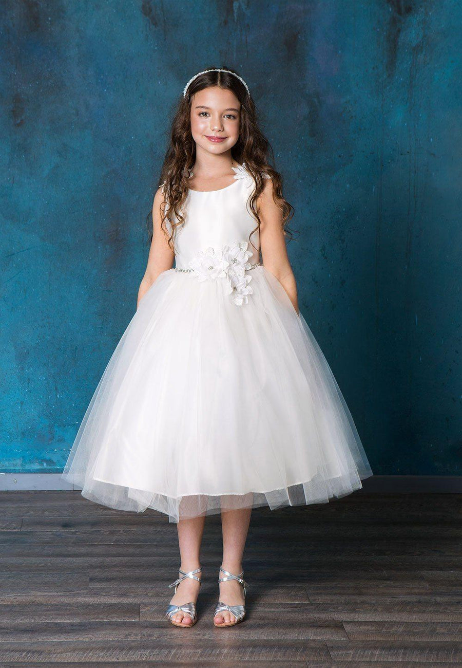 Sleeveless Floral Tea Length Flower Girl Dress - The Dress Outlet