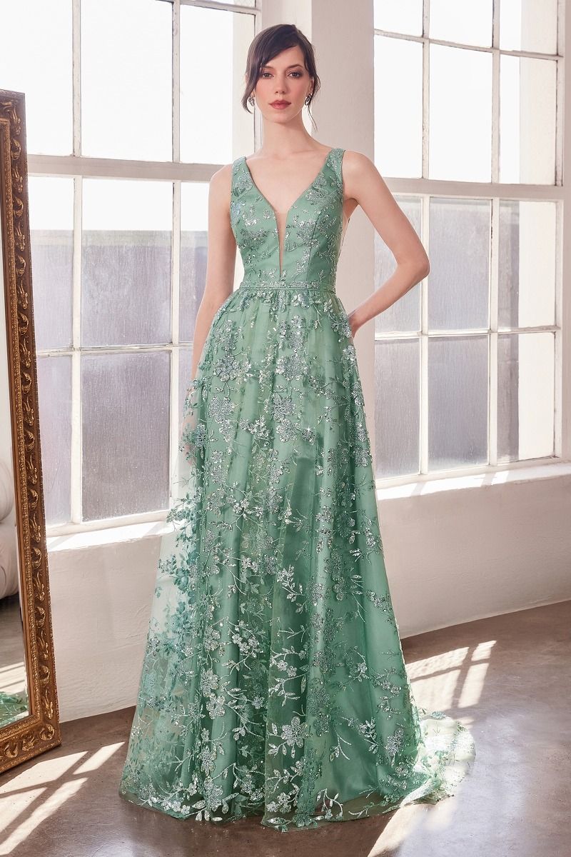 Prom Dresses A Line Long Formal Glitter Print Prom Gown Sage