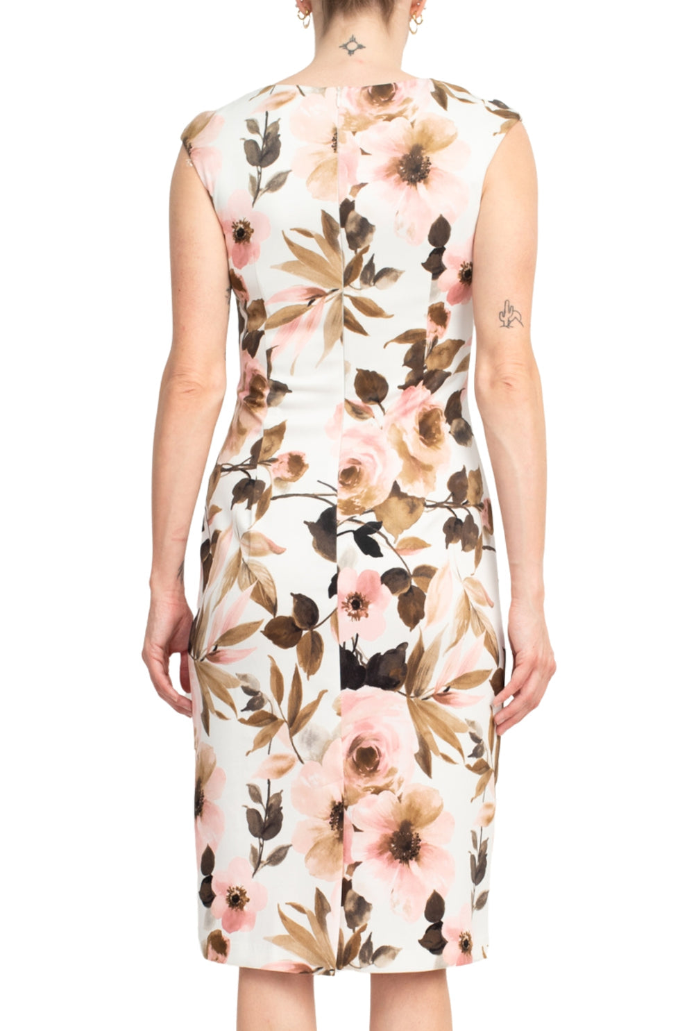 Cocktail Dresses Short Floral Print Fitted Cocktail Midi Dress Ivory Blush