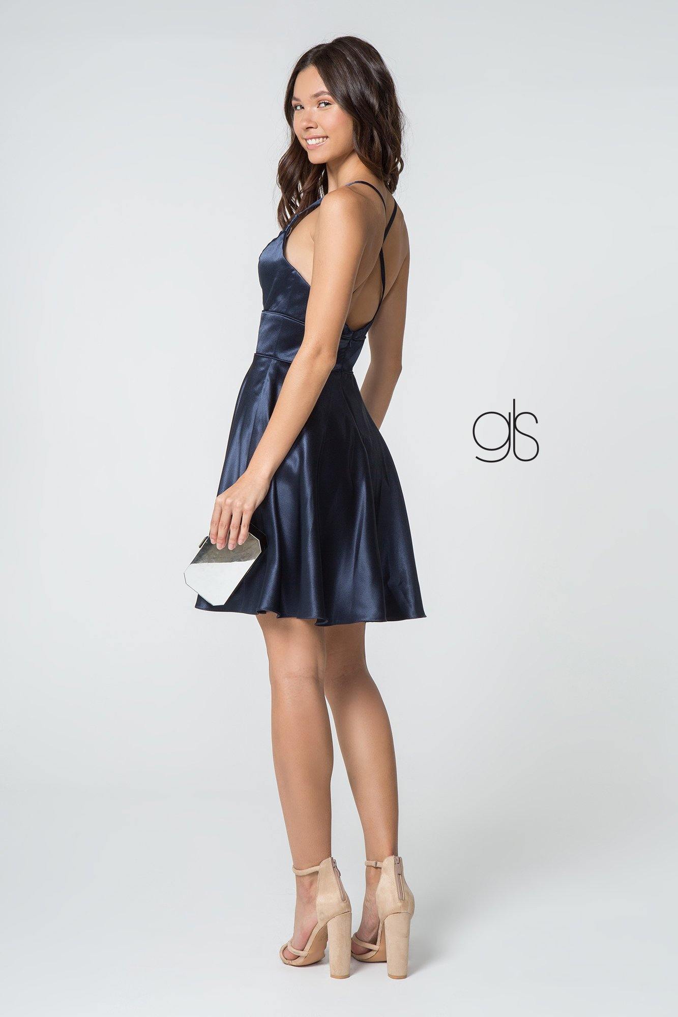V-Neck Stain Short Dress Cocktail - The Dress Outlet