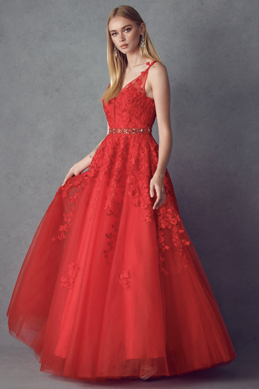 Prom Dresses Ball Gown Long Formal Floral Prom Dress Red