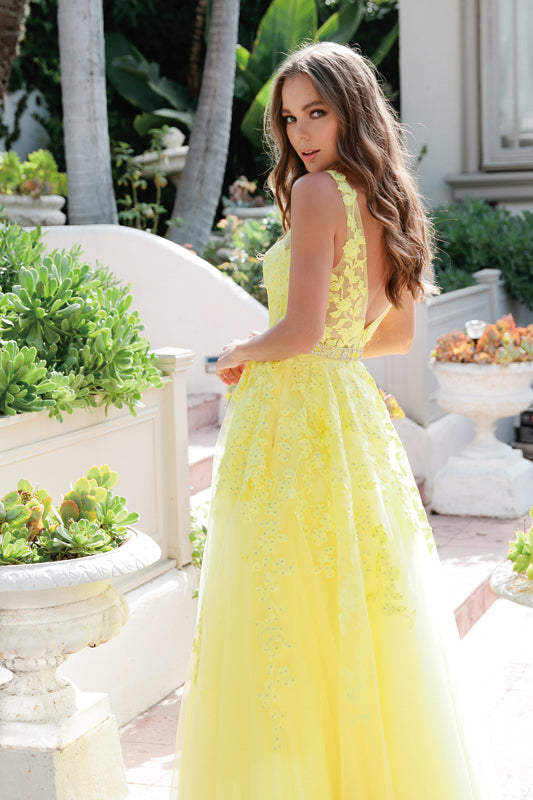 Prom Dresses Ball Gown Long Formal Floral Prom Dress Yellow