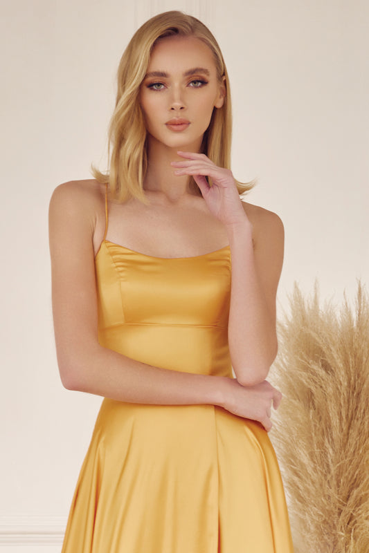 Prom Dresses Long A Line Formal Slit Prom Dress Yellow Gold