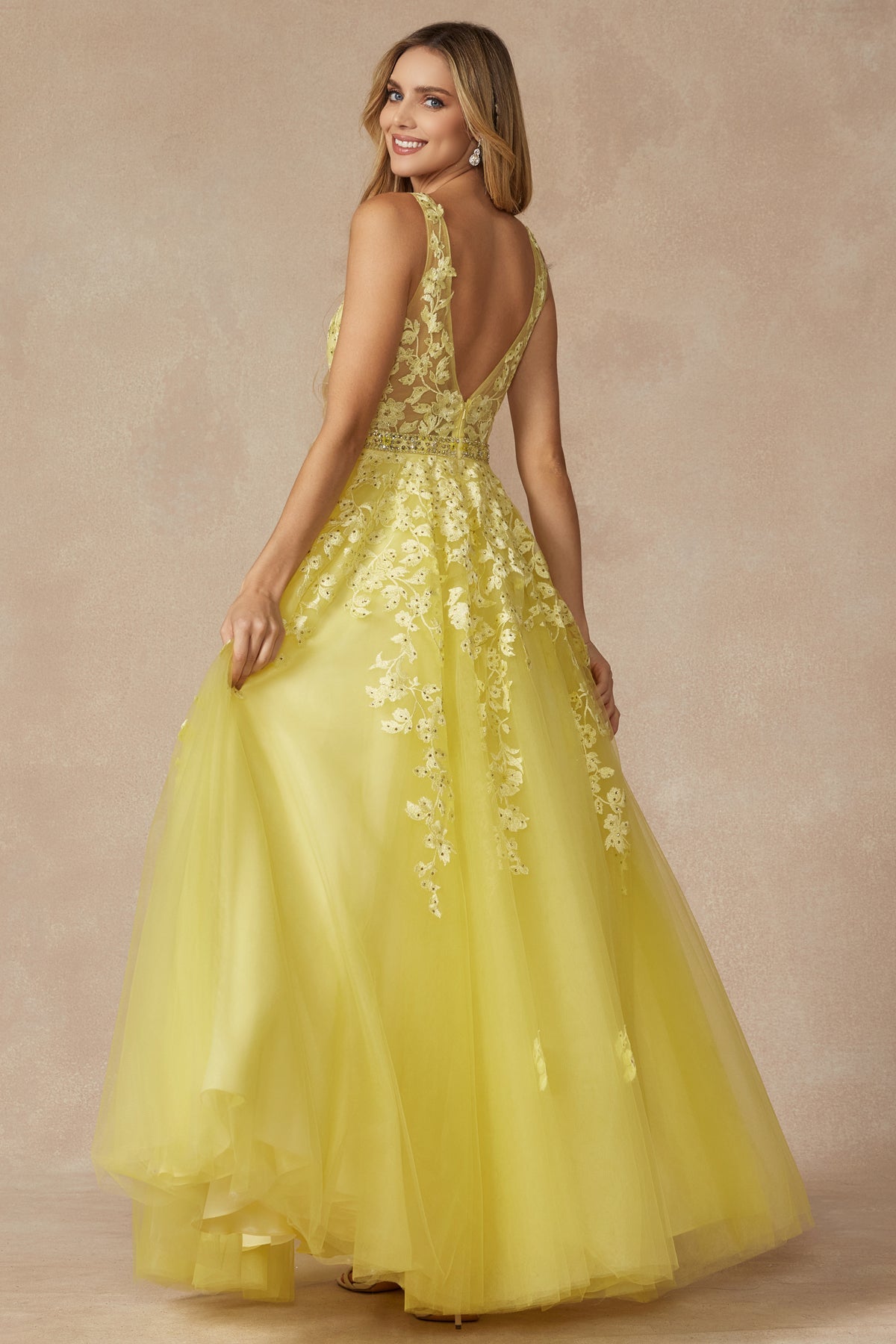 Prom Dresses Ball Gown Long Formal Floral Prom Dress Yellow