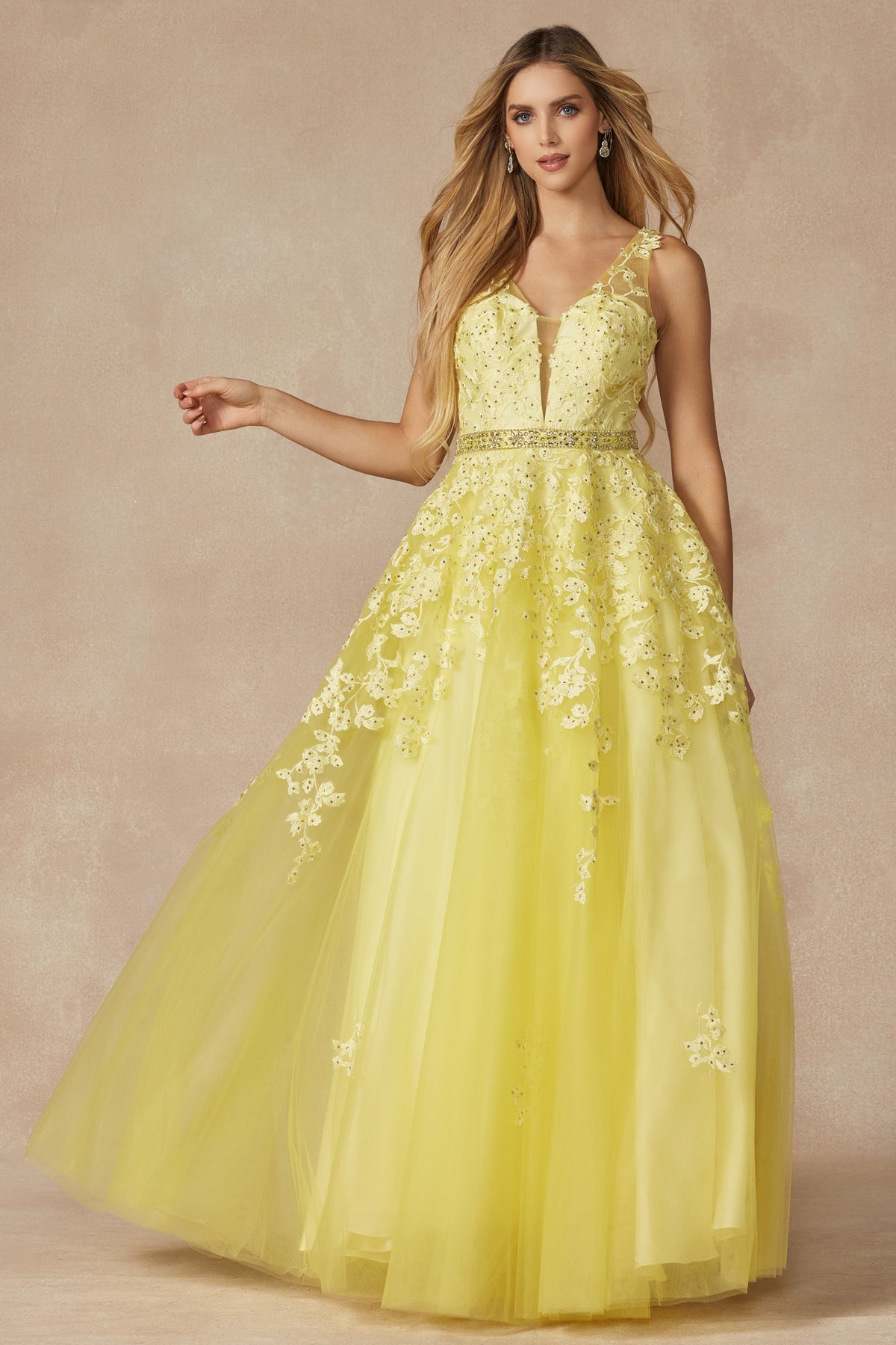 Prom Dresses Ball Gown Long Formal Floral Prom Dress Yellow