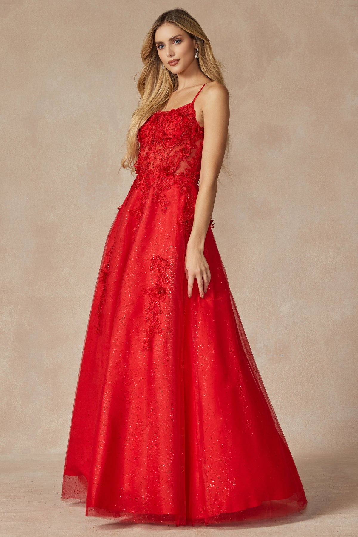 Prom Dresses Long Formal 3D Floral Applique Glitter Prom Dress Red