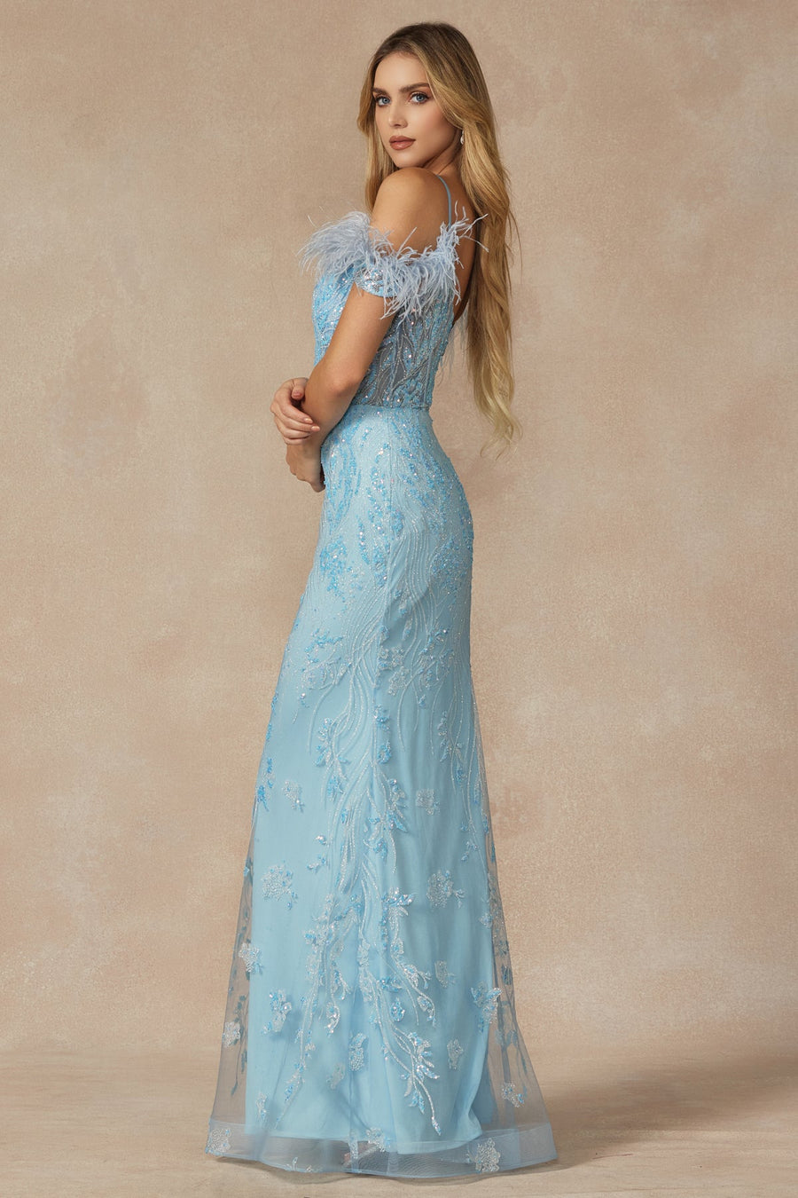Prom Dresses Glitter Formal Long Feather Prom Dress Sky Blue