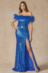 Prom Dresses Slit Long Feather Formal Prom Dress Royal Blue