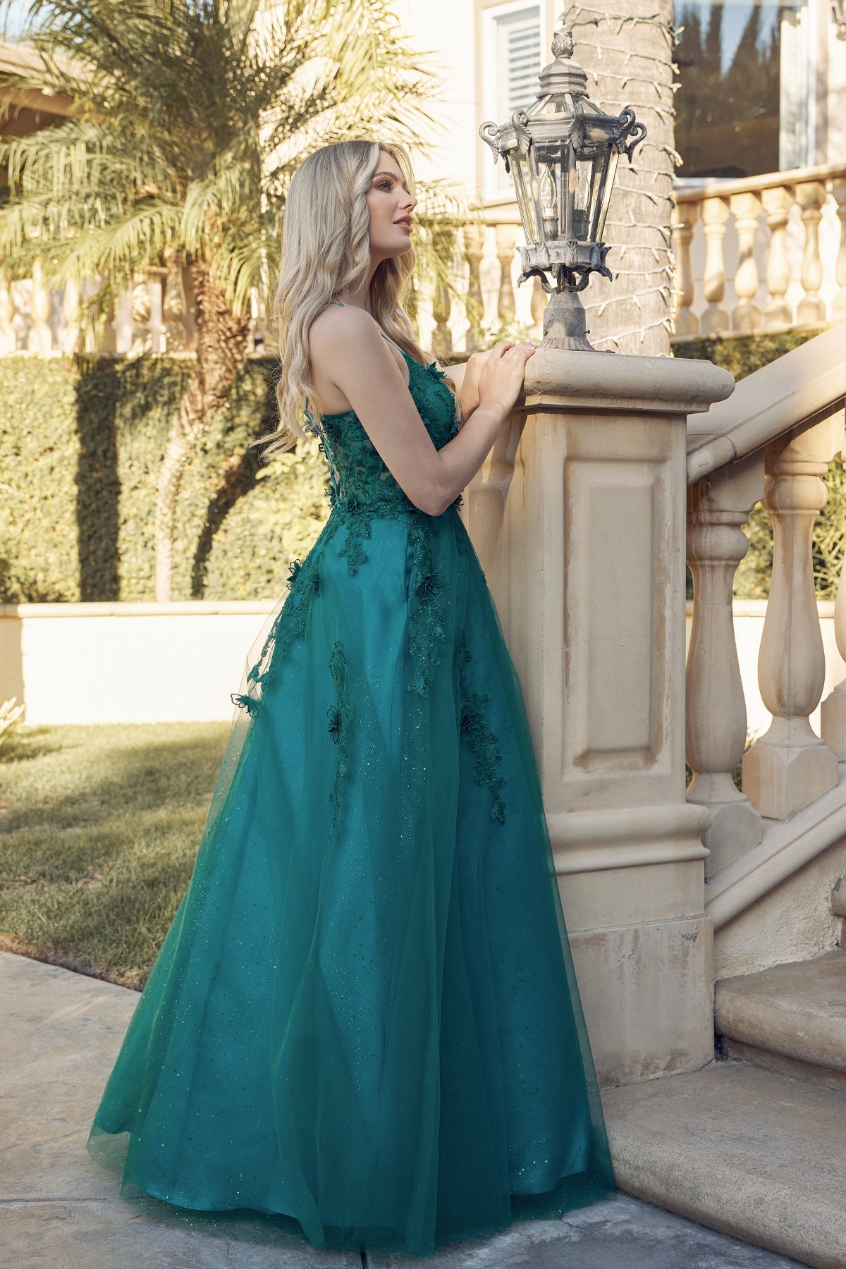 Prom Dresses Long Formal 3D Floral Applique Glitter Prom Dress Emerald Green