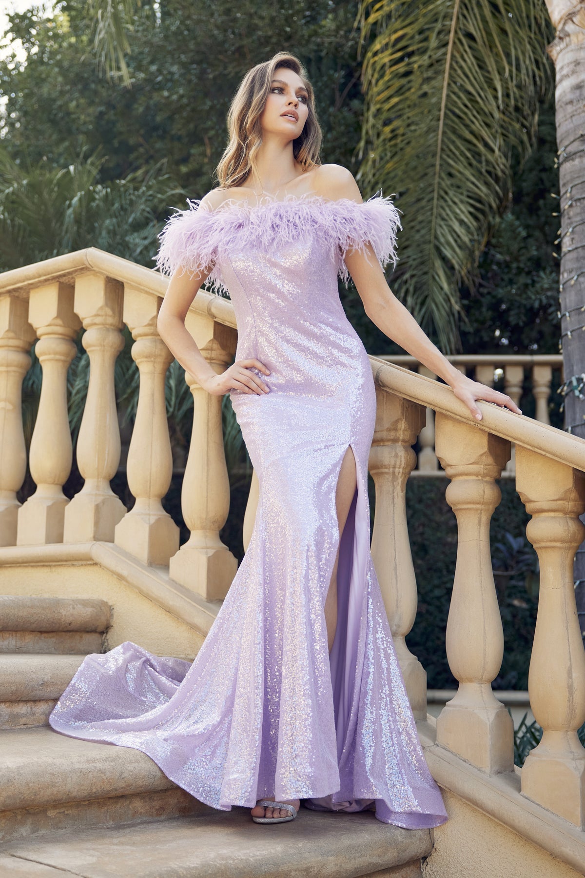 Prom Dresses Slit Long Feather Formal Prom Dress Lilac