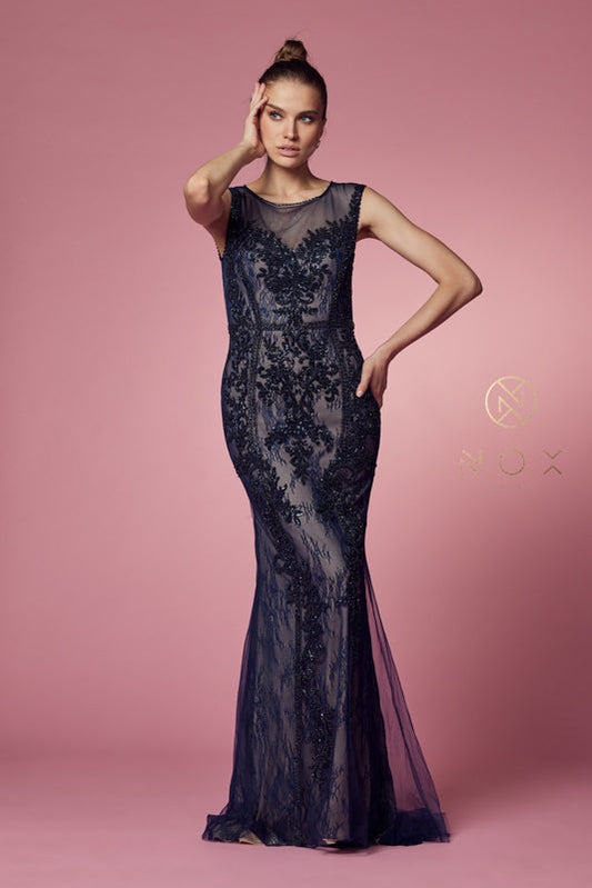Formal Dresses Fitted Long Applique Formal Dress Navy Blue