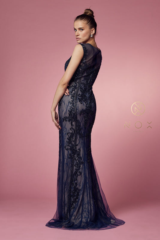 Formal Dresses Fitted Long Applique Formal Dress Navy Blue