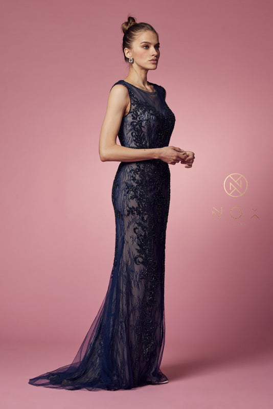 Formal Dresses Fitted Long Applique Formal Dress Navy Blue