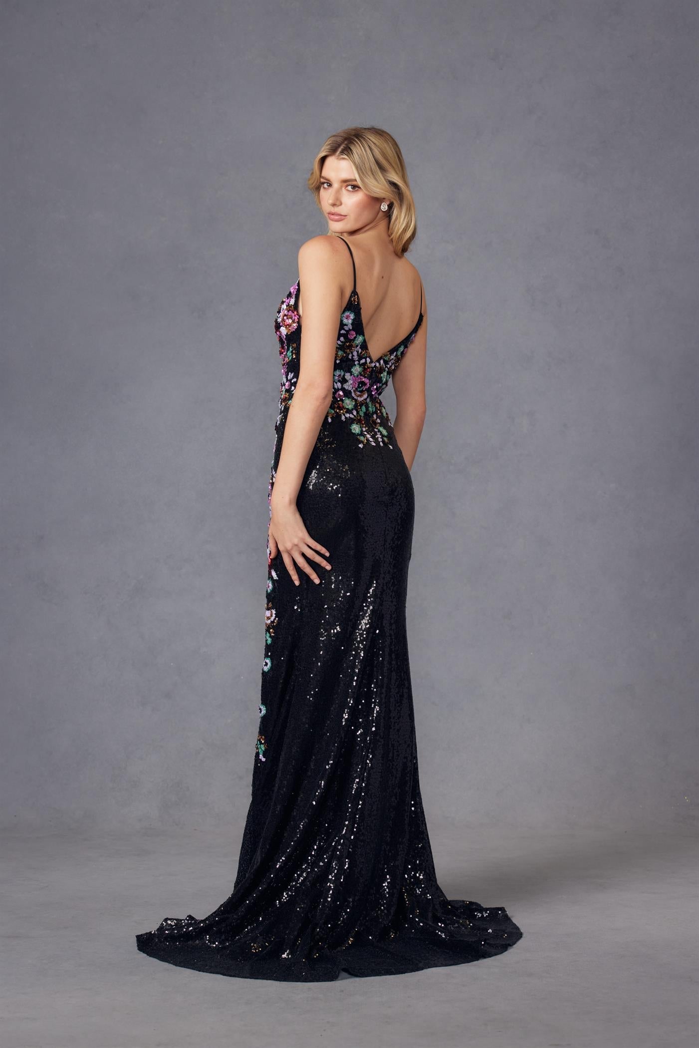 Prom Dresses Long Fitted Slit Formal Sequin Floral Prom Dress Black