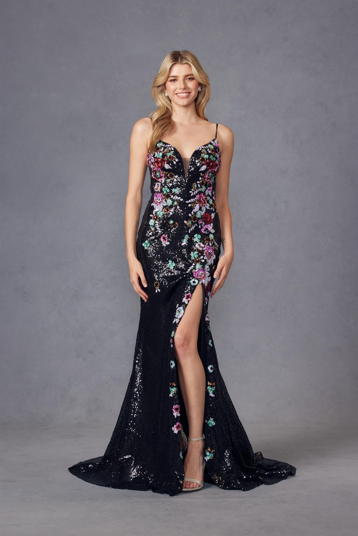 Prom Dresses Long Fitted Slit Formal Sequin Floral Prom Dress Black